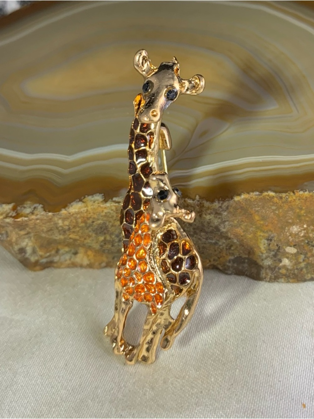 Gold-Tone Giraffe Mother & Baby Brooch with Brown and Orange Enamel